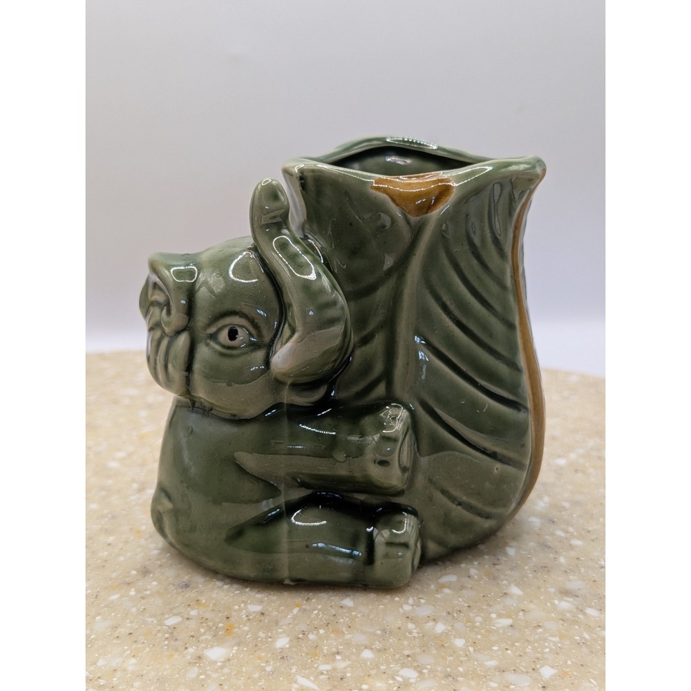 Collectible Vintage Baby Elephant Ceramic Planter 3.75" Trunk Up Good Luck Cute